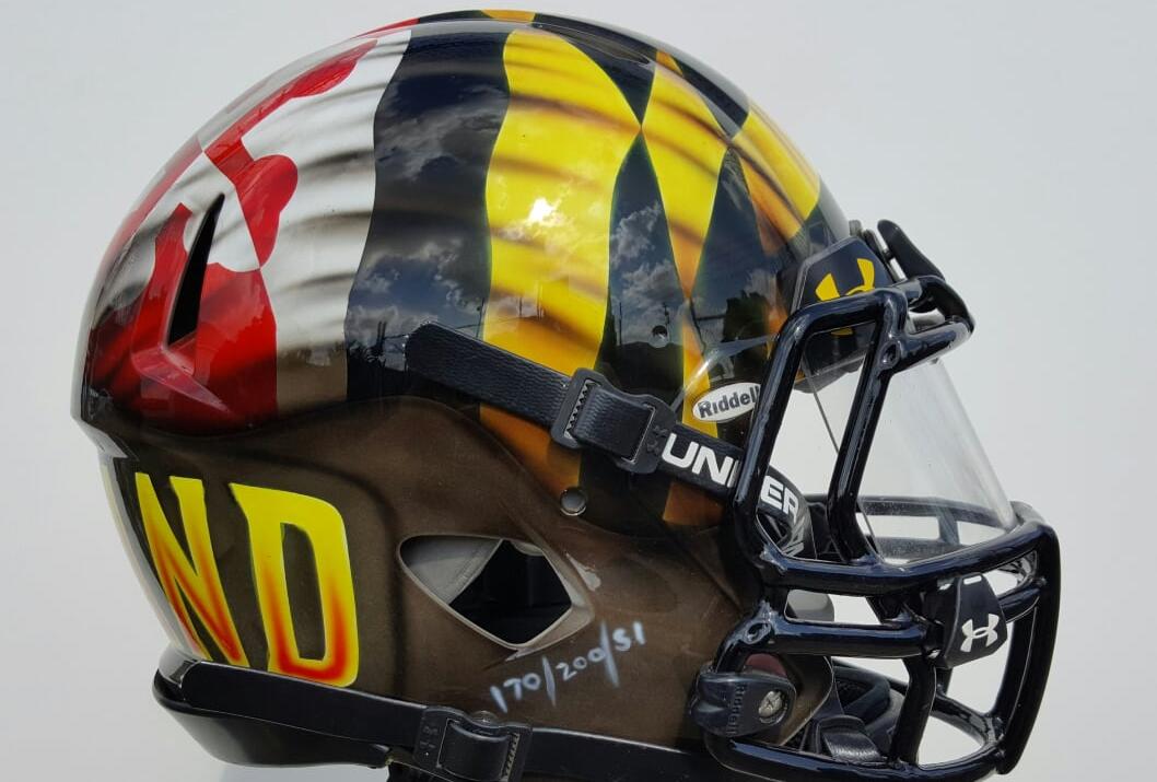 University of Maryland custom production football helmet with reflection of clouds