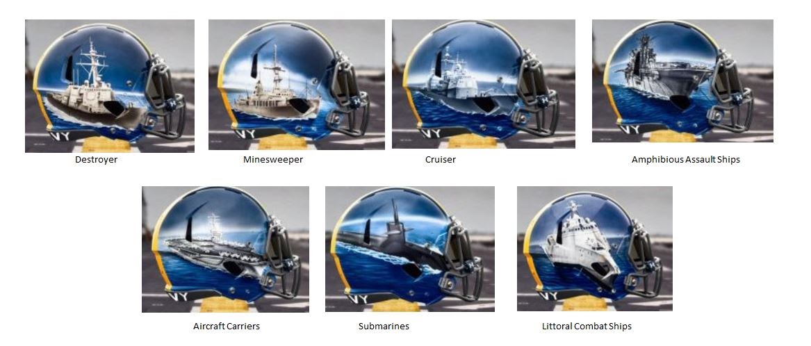 Complete Line of Seven Helmets for Under Armour Uniform for Navy Midshipmen