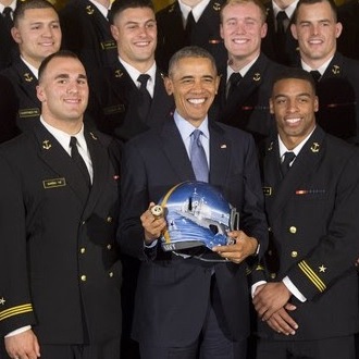 Barack Obama at Naval Academy with Custom Football Helmet